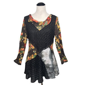 Womens L Boho Floral Crochet Patchwork Cowl Neck Long Slv Phoebe Whimisgoth 90s